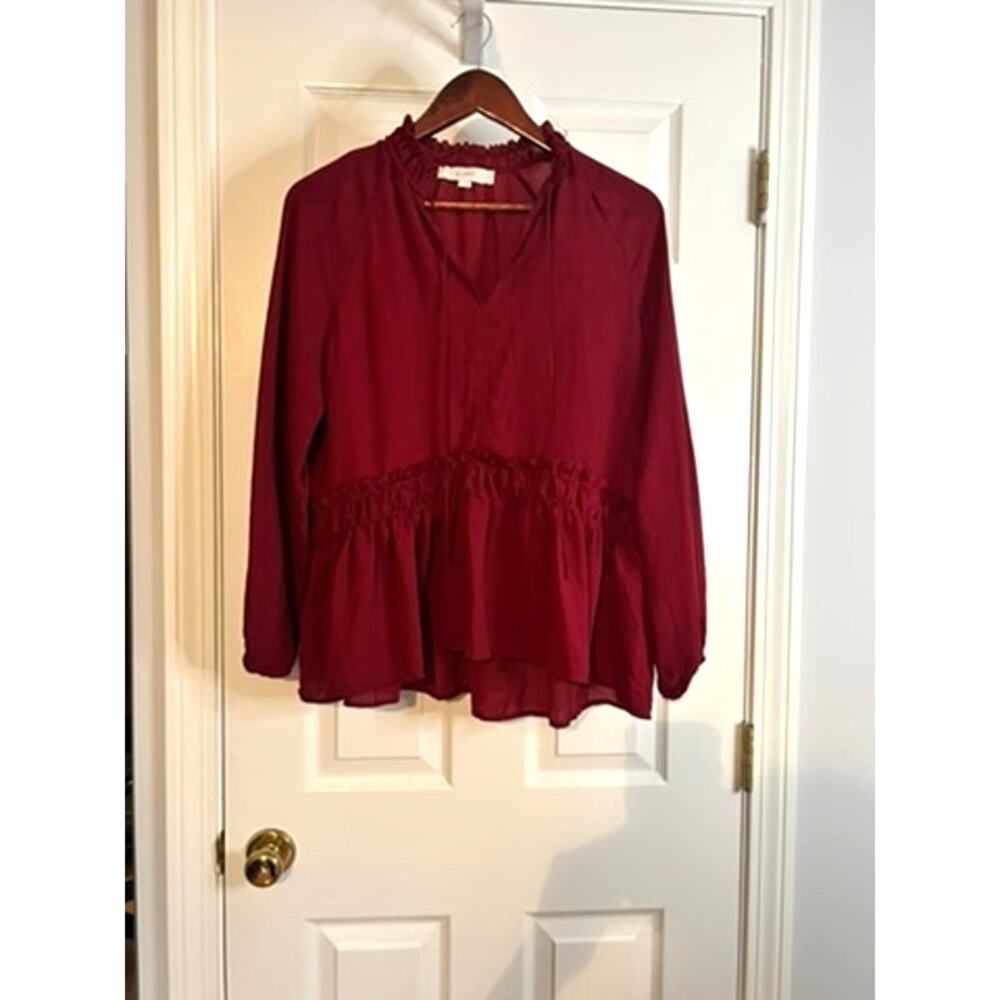 LOFT Womens Small Red Ruffle Tie Neck Peplum Blouse Long Sleeve Holiday Top